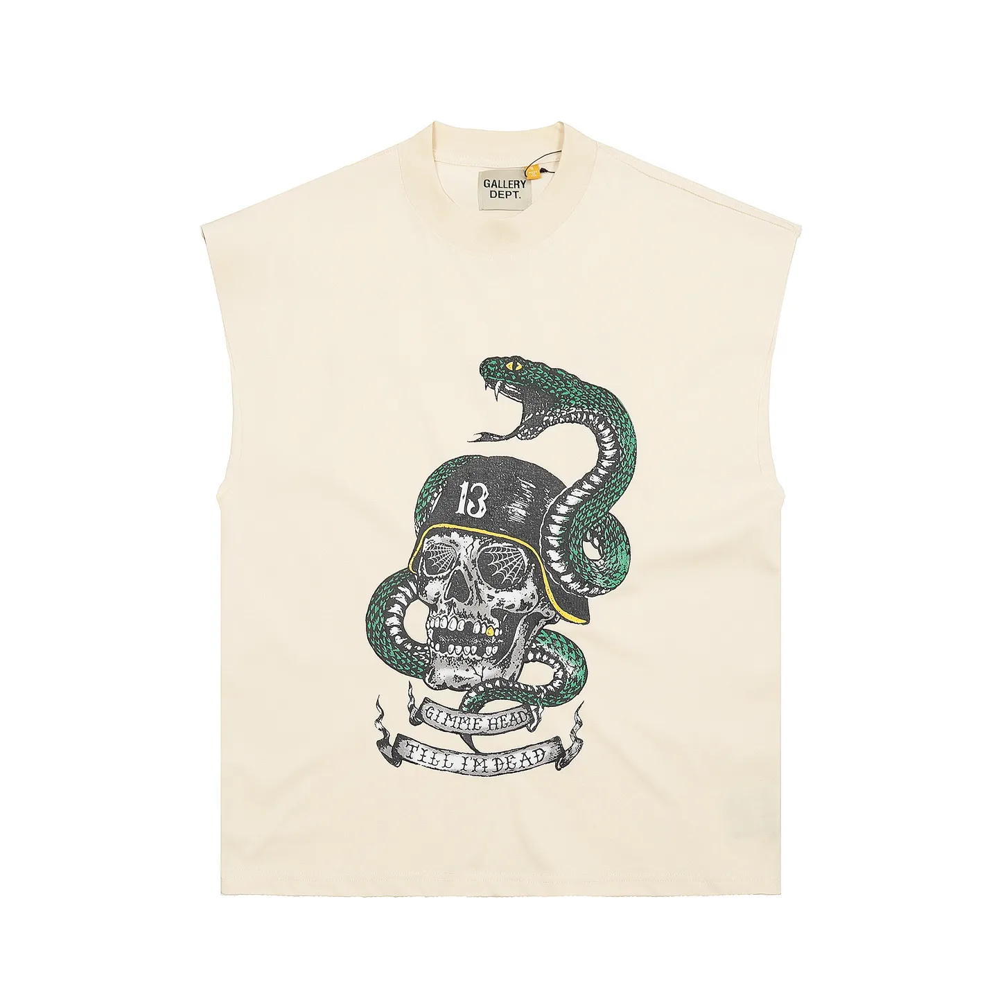 pt model number #G1016 P116 GALLERY DEPT. Old and frayed sleeveless waistcoat short sleeves. Skull and snake year limited edition. Front and back printing. Made of 280G double yarn pure cotton. The fabric is comfortable and stylish. After washing and distressing, the upper body becomes more fashionable and cool. The collar and hem are frayed. The design is full. The US version is too large. Color: washed black, apricot, size S/M/L/XL.